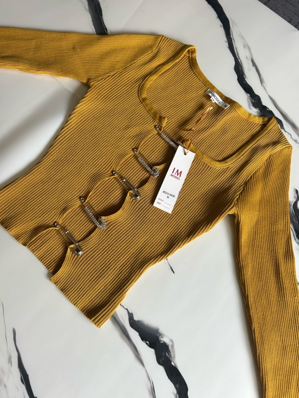 Mustard Ribbed Long-Sleeve Top with Decorative Front Clasps